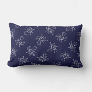 White Octopus on navy ocean blue nautical Lumbar Pillow