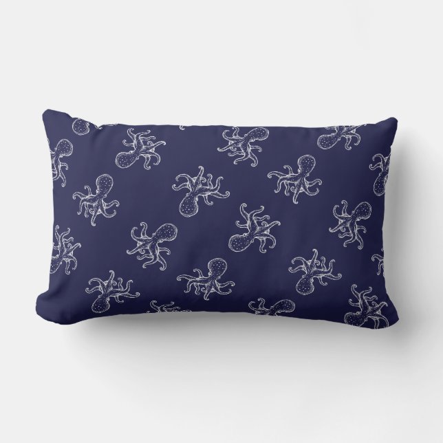 White Octopus  on navy ocean blue nautical Lumbar Pillow (Front)