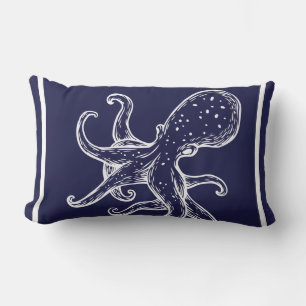 White Octopus on navy ocean blue nautical Outdoor Lumbar Pillow