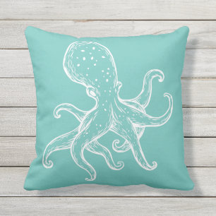 White Octopus on sea teal ocean blue nautical Outdoor Pillow