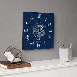 White octopus Roman Numerals On Dark Blue Square Wall Clock