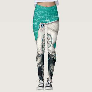 White Octopus Teal Vintage Map Leggings