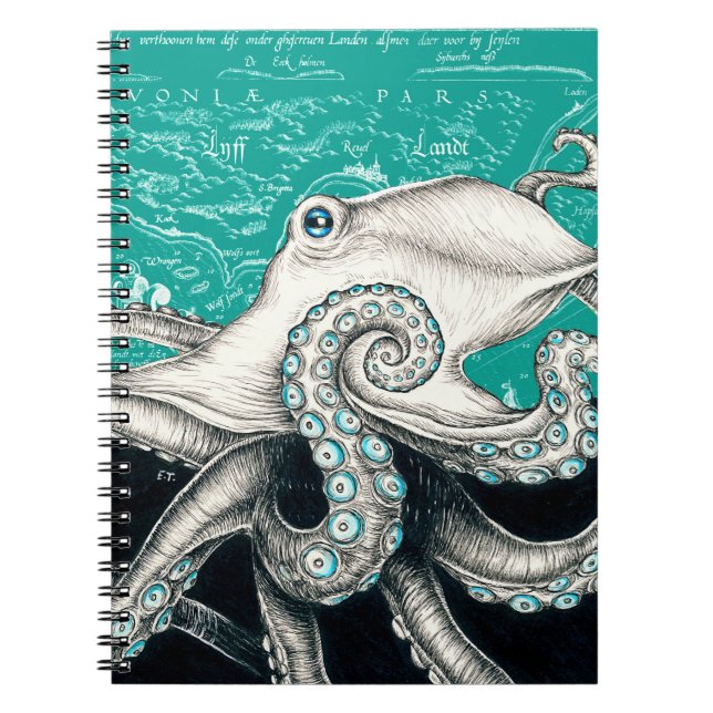 White Octopus Vintage Map Teal Notebook (Front)