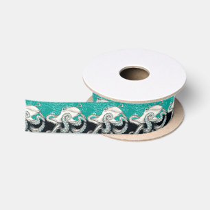 White Octopus Vintage Map Teal Satin Ribbon