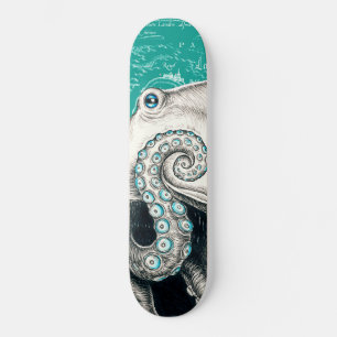 White Octopus Vintage Map Teal Skateboard