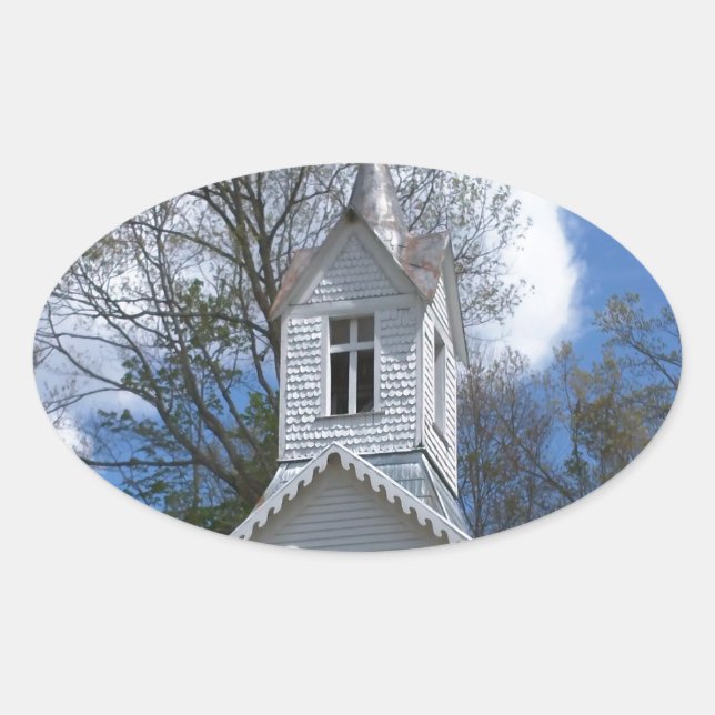 white old church in the mountains oval sticker (Front)