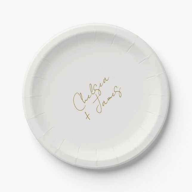 White & Olive Green Script Minimalist Wedding  Paper Plate (Front)