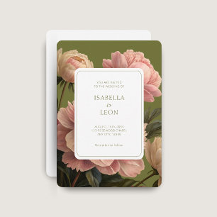 White   Olive Green Vintage Rose Wedding  Invitation
