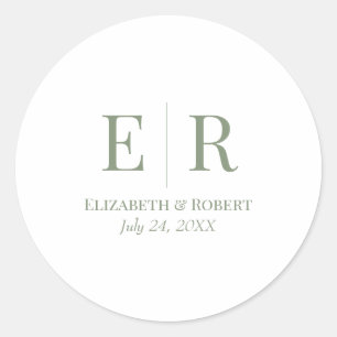 White & Olive Minimalist Monogram Wedding  Classic Round Sticker
