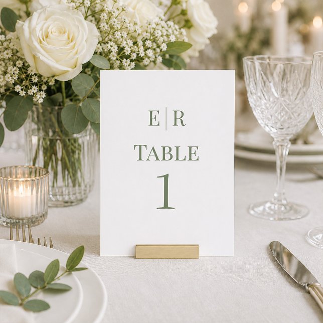White & Olive Monogram Wedding Table Number (White & Olive Monogram Wedding Table Number on a wedding table with flowers)