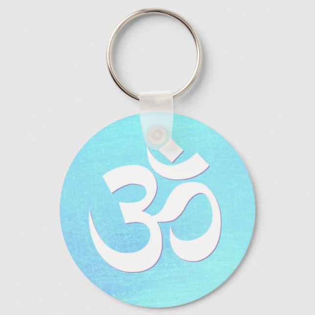 White OM Symbol Turquoise Blue Shimmery Look Keychain (Front)