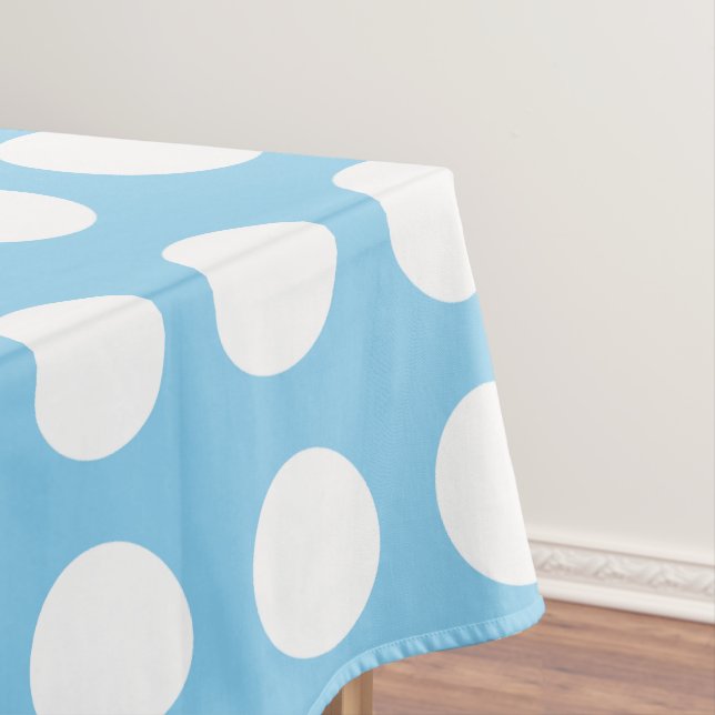 White on Baby Blue Large Horizontal Polka Dots Tablecloth (In Situ)