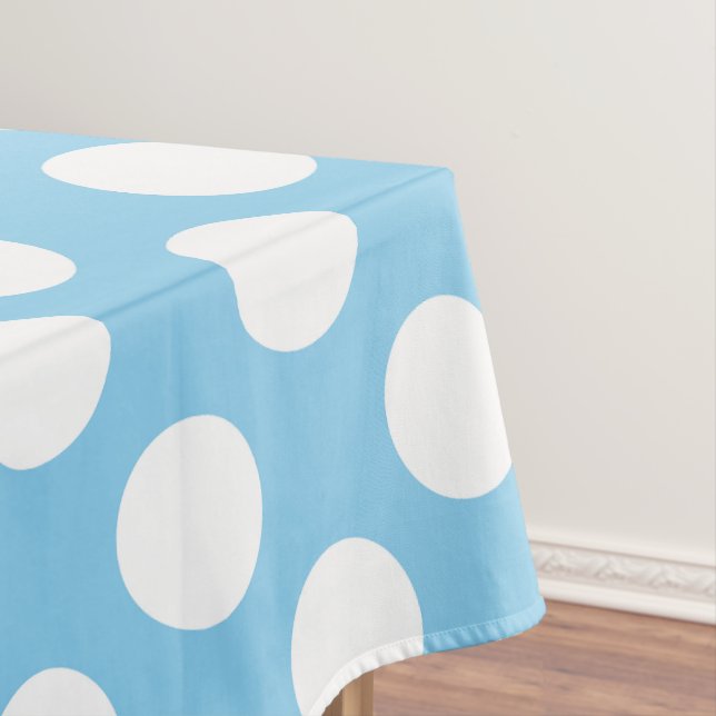 White on Baby Blue Large Size Polka Dots Tablecloth (In Situ)