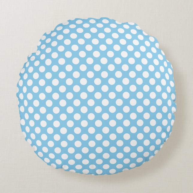 White on Baby Blue Medium Size Polka Dots Round Pillow (Front)