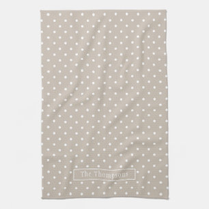 White On Beige Polka Dots Pattern With Custom Name Kitchen Towel