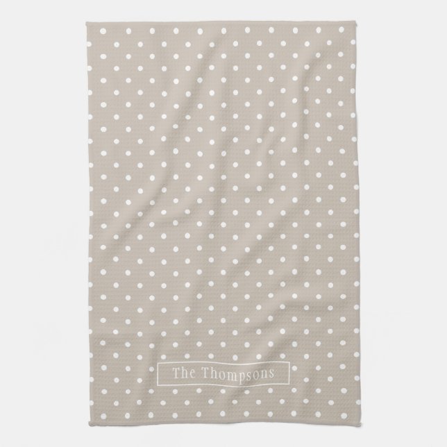 White On Beige Polka Dots Pattern With Custom Name Kitchen Towel (Vertical)