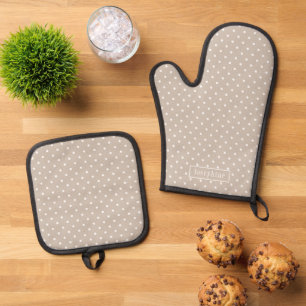 White On Beige Polka Dots Pattern With Custom Name Oven Mitt & Pot Holder Set