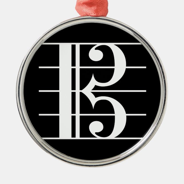 White-on-Black Alto Clef Metal Ornament (Front)