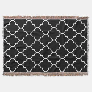 White on Black Background Moroccan Quatrefoil Throw Blanket