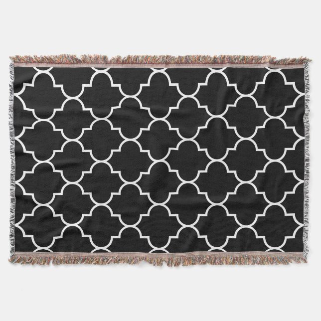 White on Black Background Moroccan Quatrefoil Throw Blanket (Front)