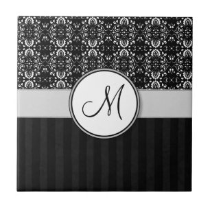 White on Black Damask and Stripes with Monogram Tile