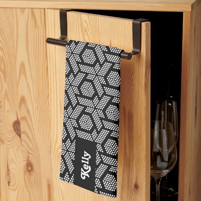 White on black dots geometric pattern kitchen towel (Thirds Fold)
