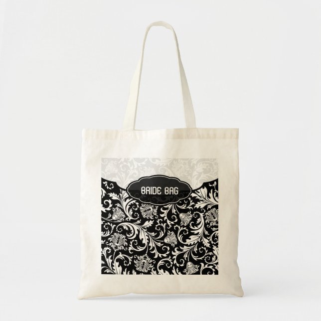 White On Black Floral Damask Pattern 2-Monogram Tote Bag (Front)