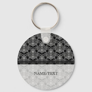 White On Black Geometric Pattern Swirls Keychain
