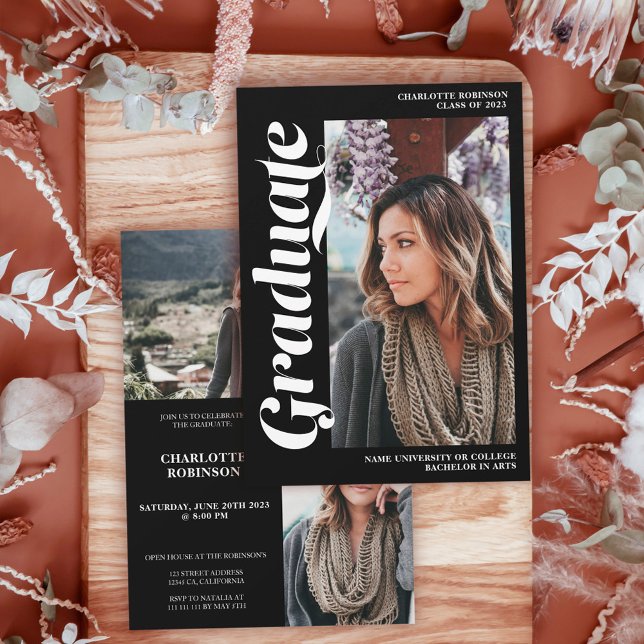 White on black graduate script 3 photo graduation invitation (Creator Uploaded)