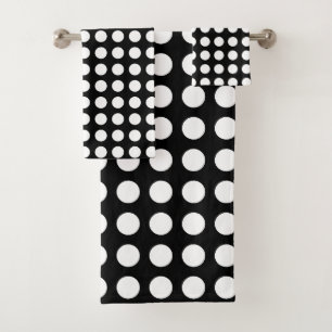 White on Black Large Size Horizontal Polka Dots Bath Towel Set