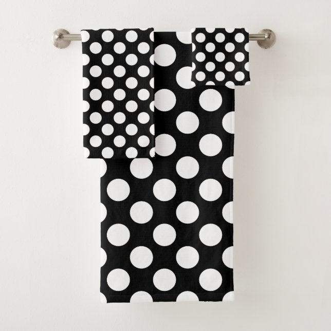 White on Black Large Size Polka Dots Bath Towel Set (Insitu)