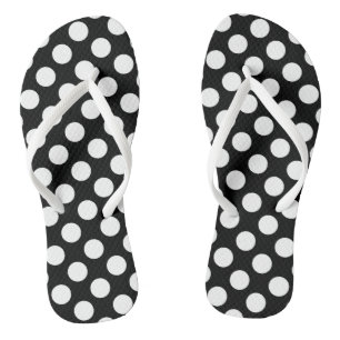 White on Black Large Size Polka Dots Flip Flops