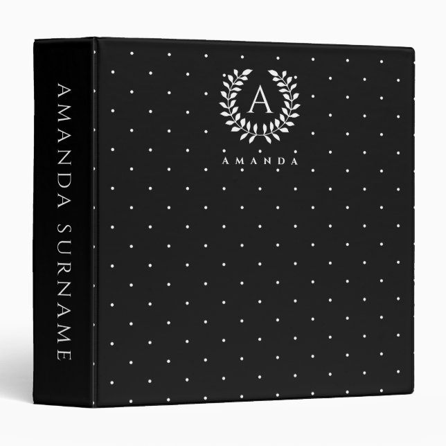 White On Black Laurel Monogram Polka Dot Pattern Binder (Front/Spine)