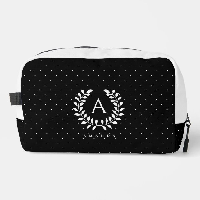 White On Black Laurel Monogram Polka Dot Pattern Dopp Kit (Front)