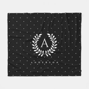 White On Black Laurel Monogram Polka Dot Pattern Fleece Blanket