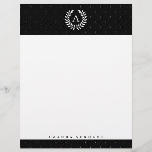 White On Black Laurel Monogram Polka Dot Pattern Letterhead