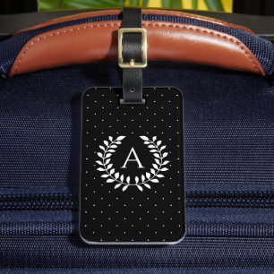 White On Black Laurel Monogram Polka Dot Pattern Luggage Tag