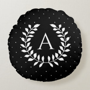 White On Black Laurel Monogram Polka Dot Pattern Round Pillow