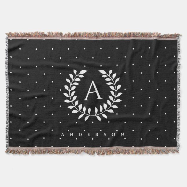 White On Black Laurel Monogram Polka Dot Pattern Throw Blanket (Front)