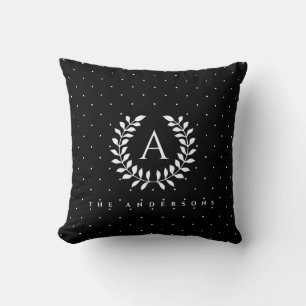 White On Black Laurel Monogram Polka Dot Pattern Throw Pillow