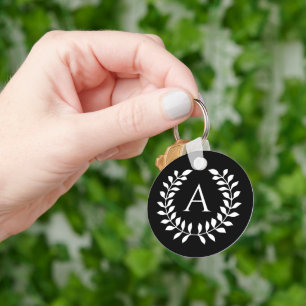 White On Black Laurel Wreath With Custom Monogram Keychain