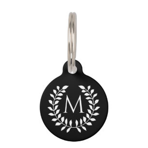 White On Black Laurel Wreath With Custom Monogram Pet Tag