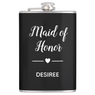 White On Black Maid of Honour With Name Heart Hip Flask