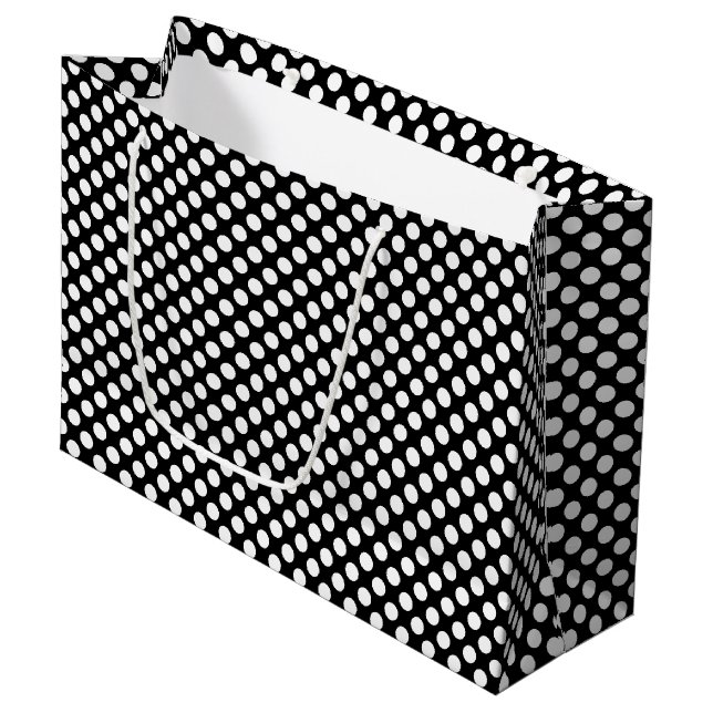 White on Black Medium Size Polka Dots Large Gift Bag (Front Angled)
