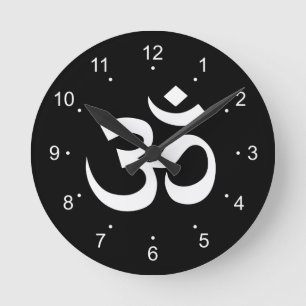 White on Black Om Symbol Round Clock