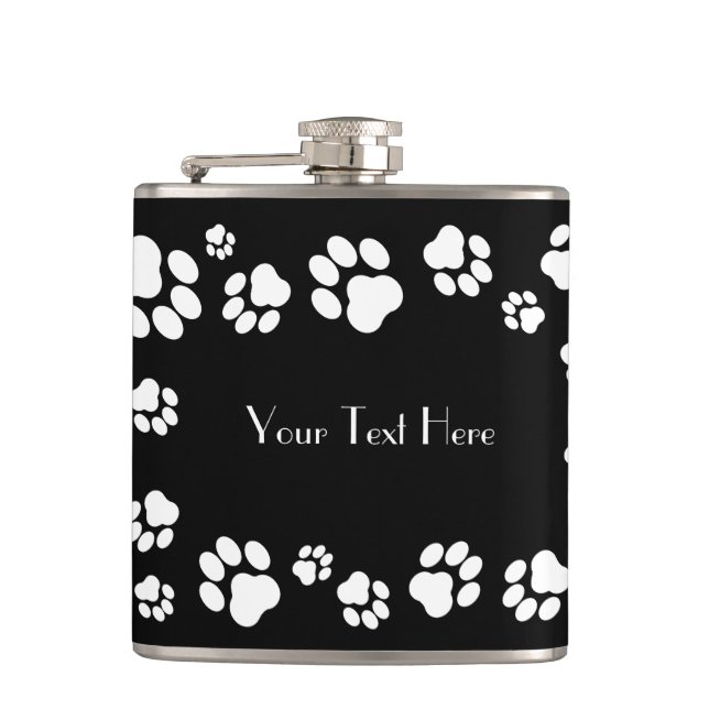 White-on-Black Pawprint Customizable Hip Flask (Front)