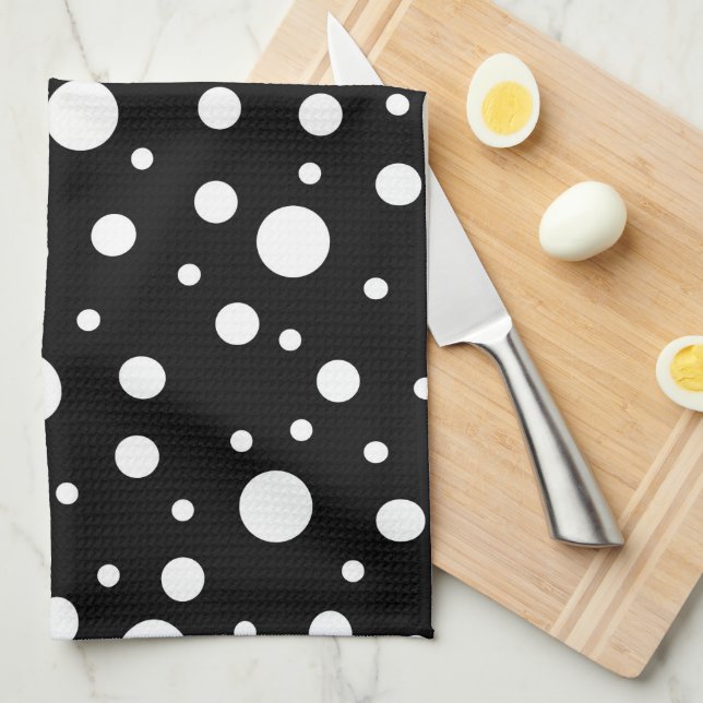 White on Black Polka Dot Pattern Kitchen Towel (Quarter Fold)