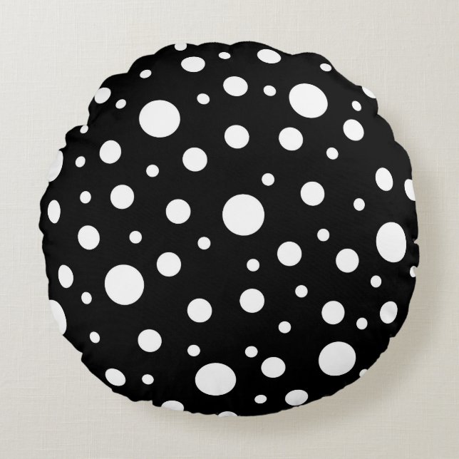 White on Black Polka Dot Pattern Round Pillow (Front)