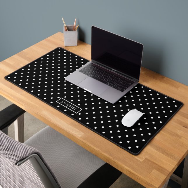 White On Black Polka Dots Pattern With Custom Name Desk Mat (Office 2)