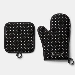 White On Black Polka Dots Pattern With Custom Name Oven Mitt & Pot Holder Set